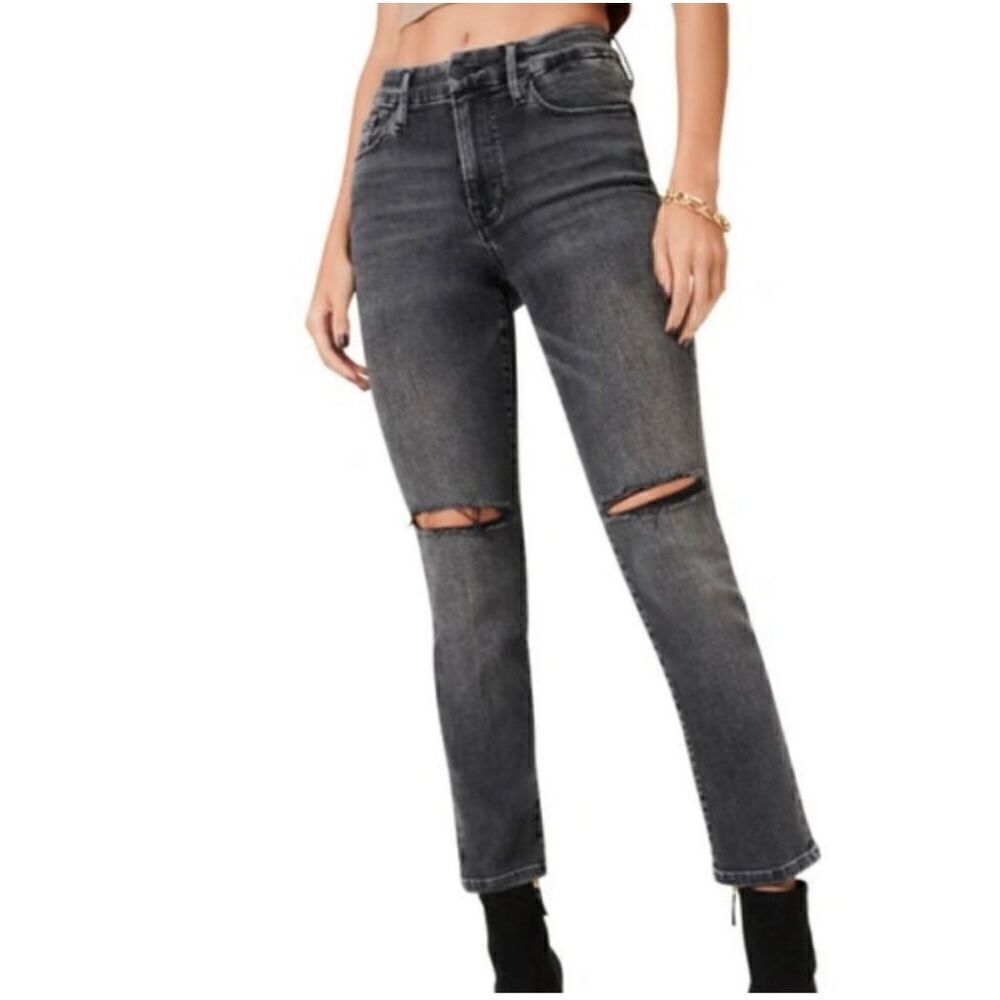 Good American Good Legs Crop Straight Jeans, Size 10 / 30 Gray Black Distressed